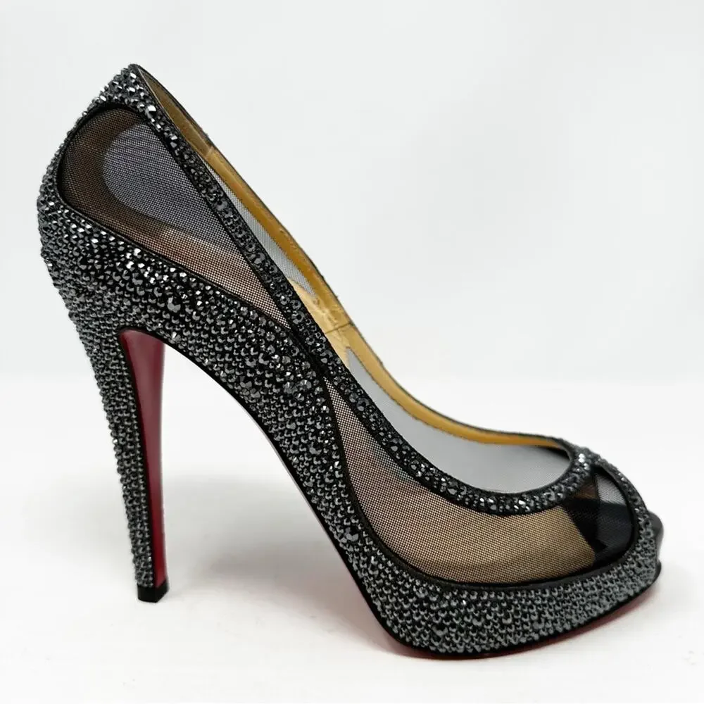 Christian Louboutin Camilla Strass Peep Toe Heels Womens Size EU 39.5